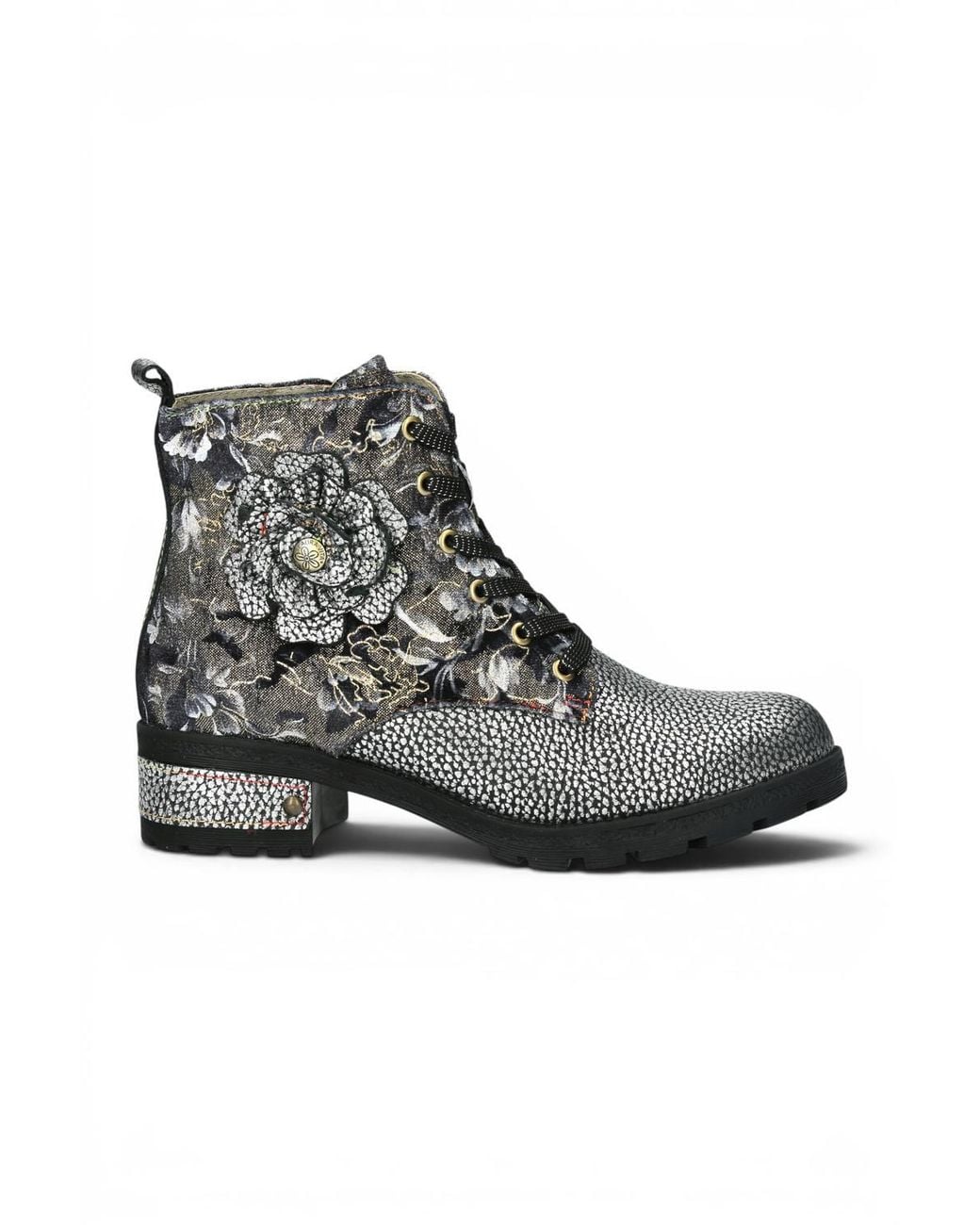 Infinity Leather Black Gothic Victorian Floral Leather Lace-Up Boots