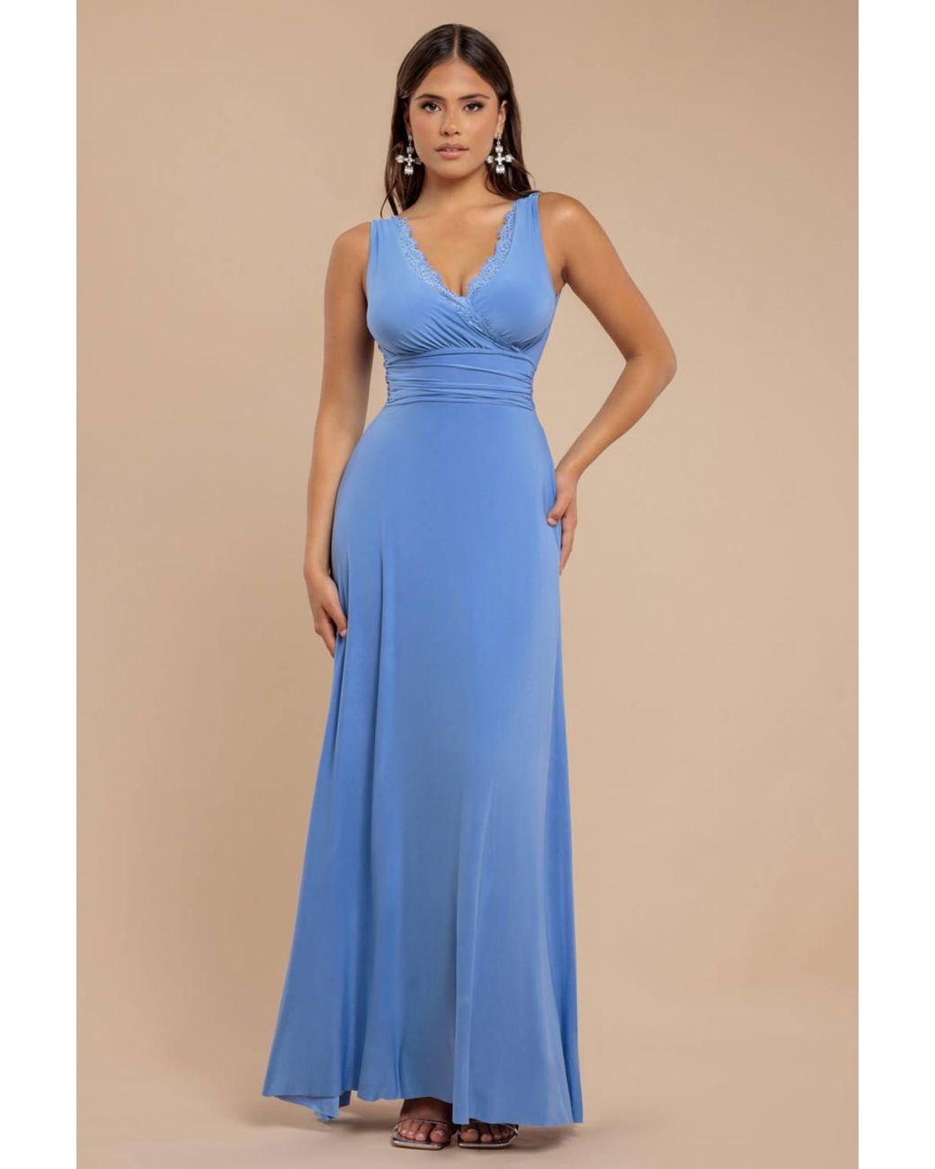 Goddiva Blue Diamante & Scalloped Lace Neck Maxi Dress