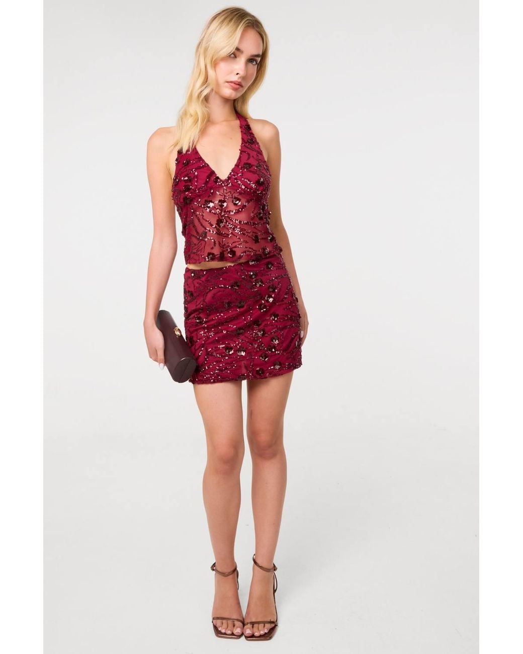 Pink Vanilla Red Floral Sequin Halter Top