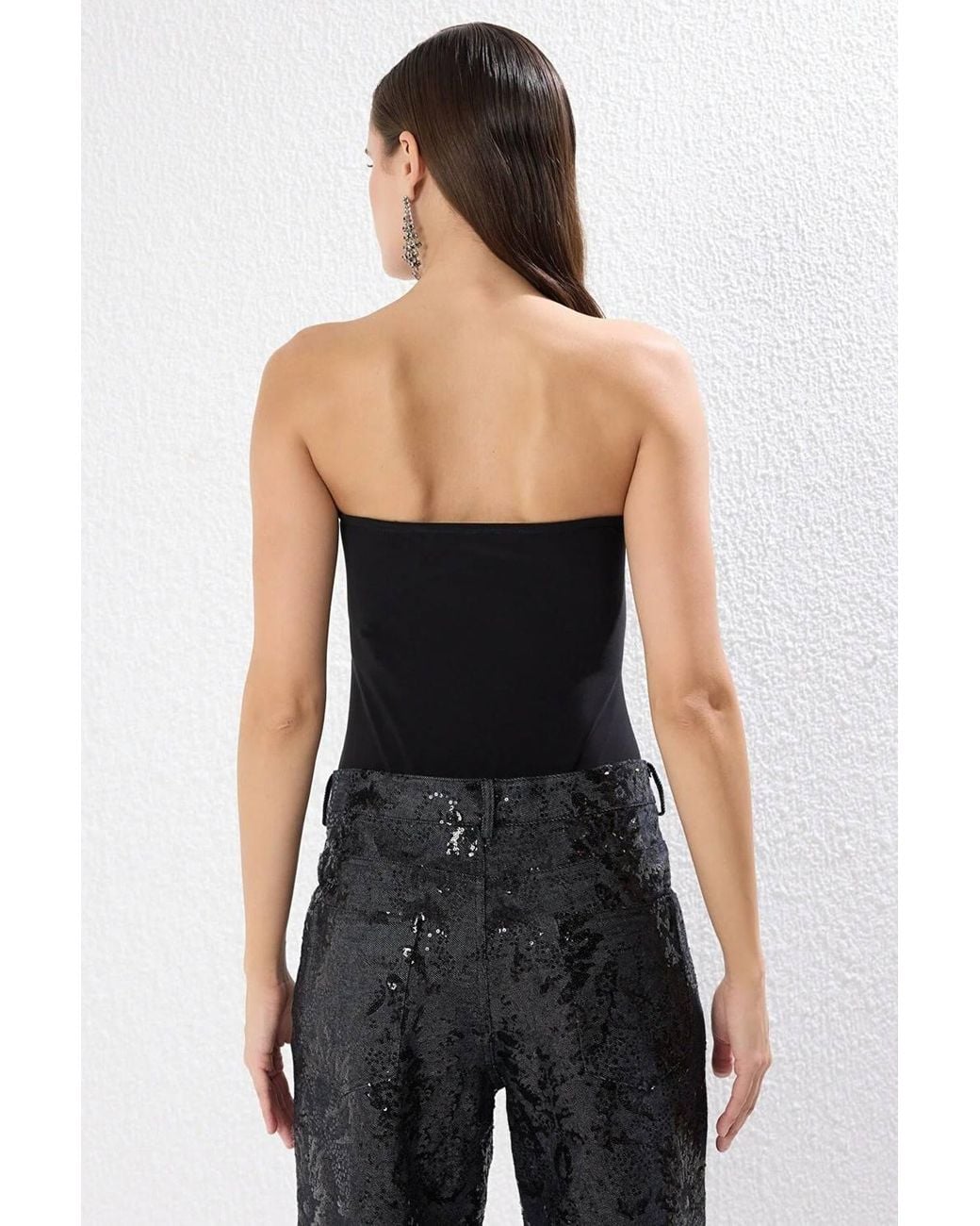WOVCOR Black Strapless Bow Detail Structured Bodysuit