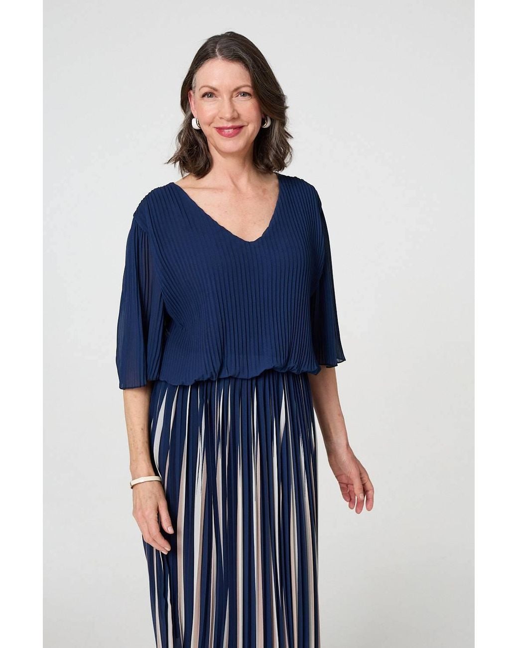 Izabel London Blue Striped Pleat 1/2 Sleeve Midi Dress