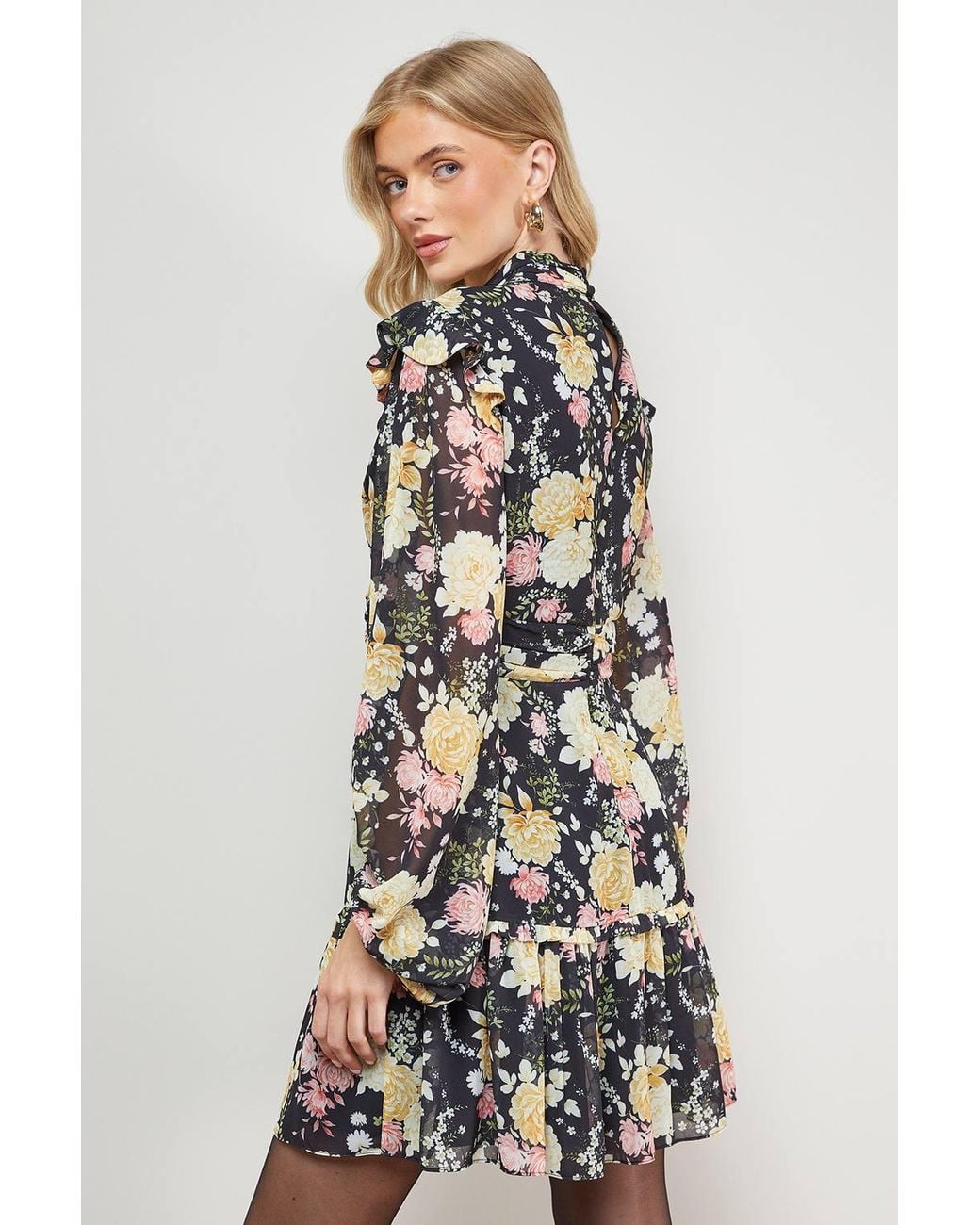 Oasis Natural Printed Ruched High Neck Mini Fit And Flare Dress
