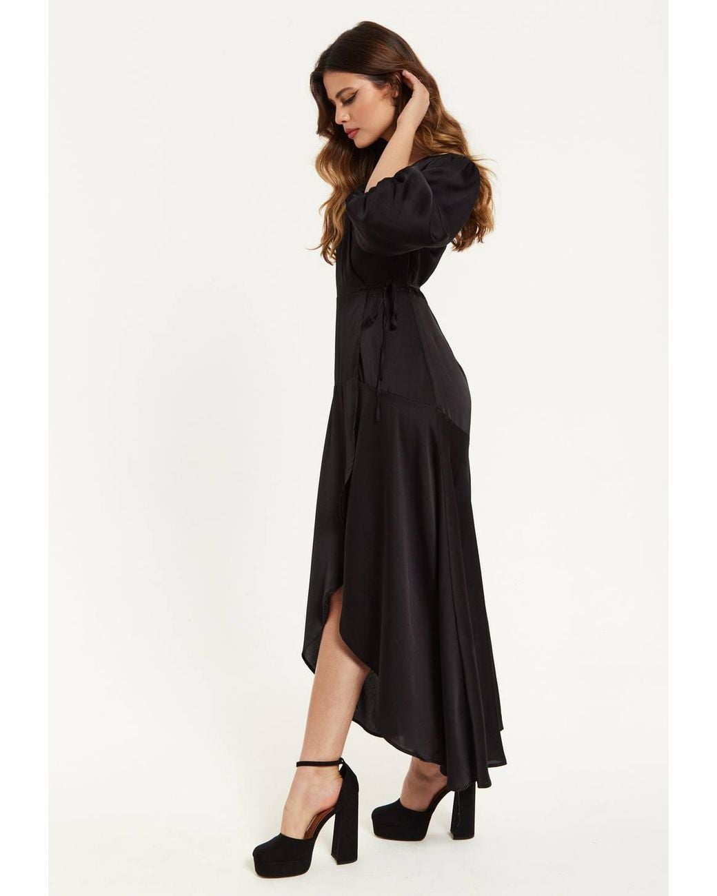 Liquorish Black Midi Wrap Dress W/ Puff Sleeves
