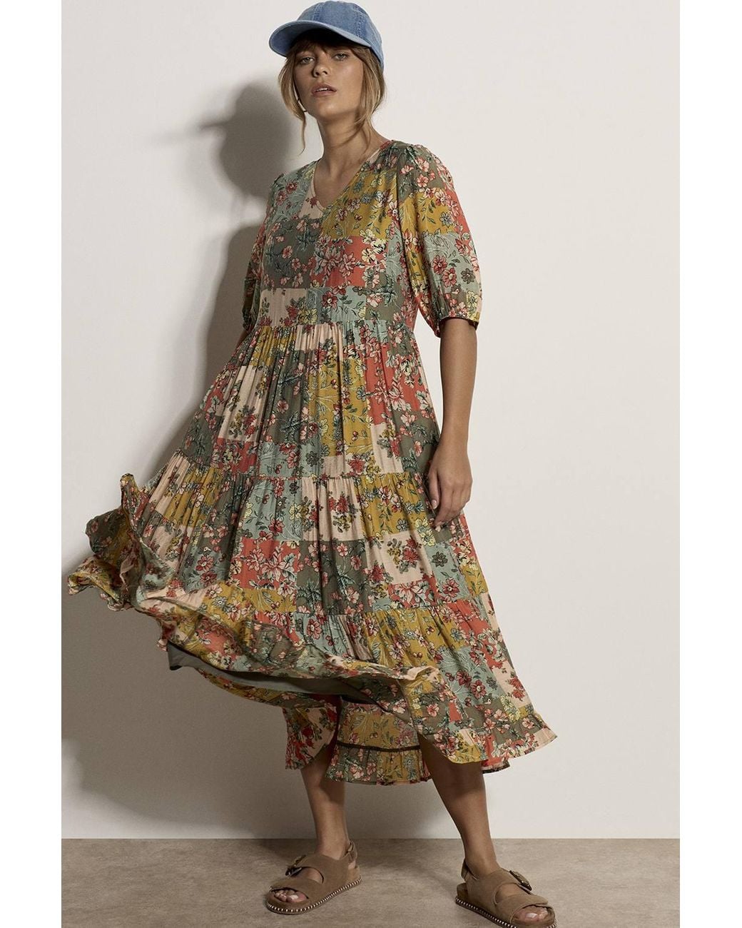 Apricot Green Patchwork Floral Midi Dress
