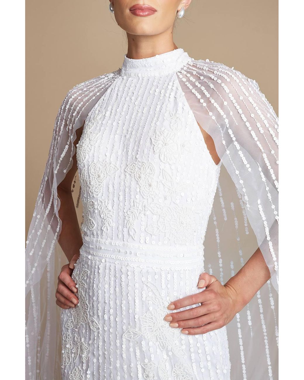 Coast Brown Linear Embellished Cape Detail Wedding Dress