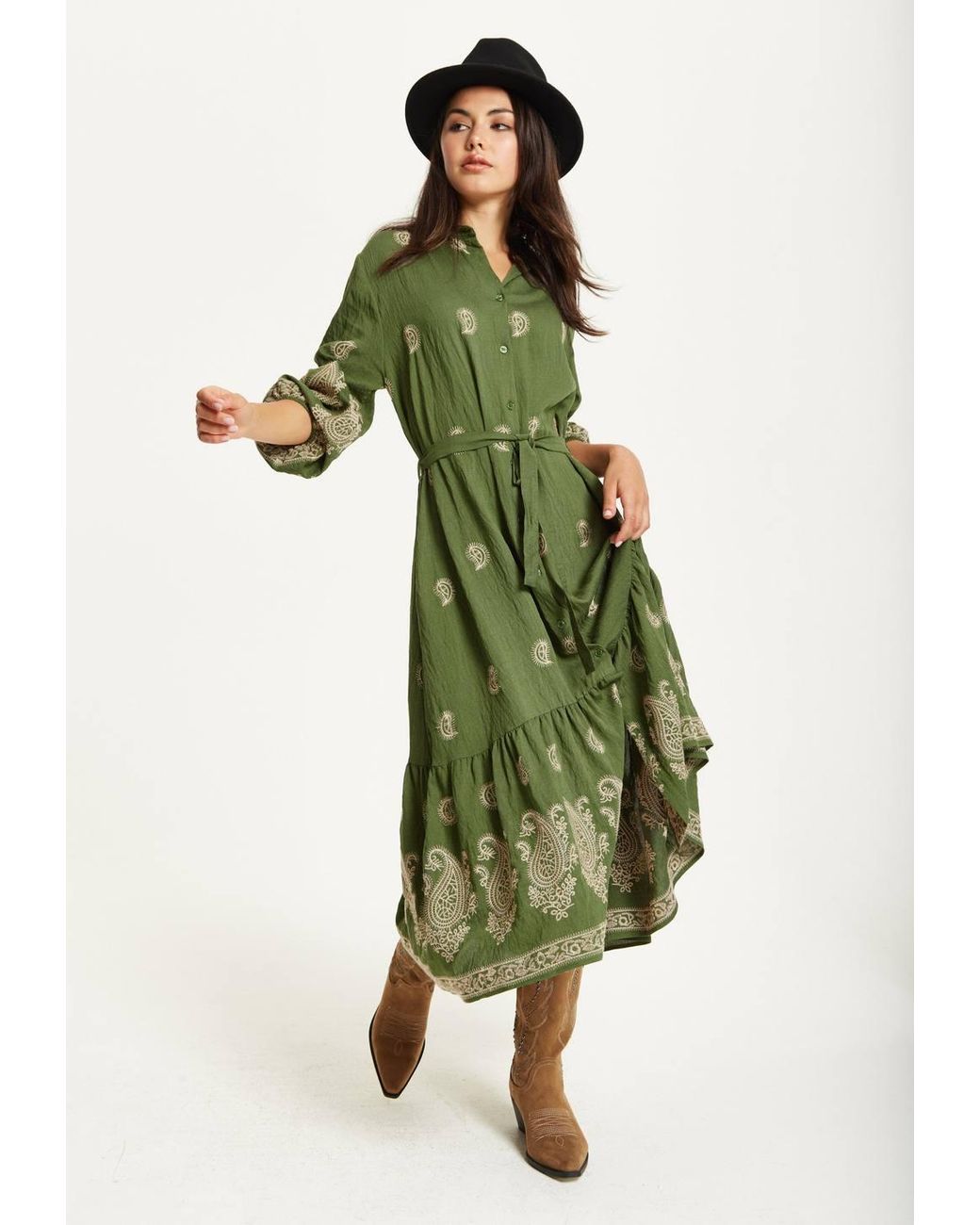 Liquorish Green Paisley Embroidered Midi Shirt Dress