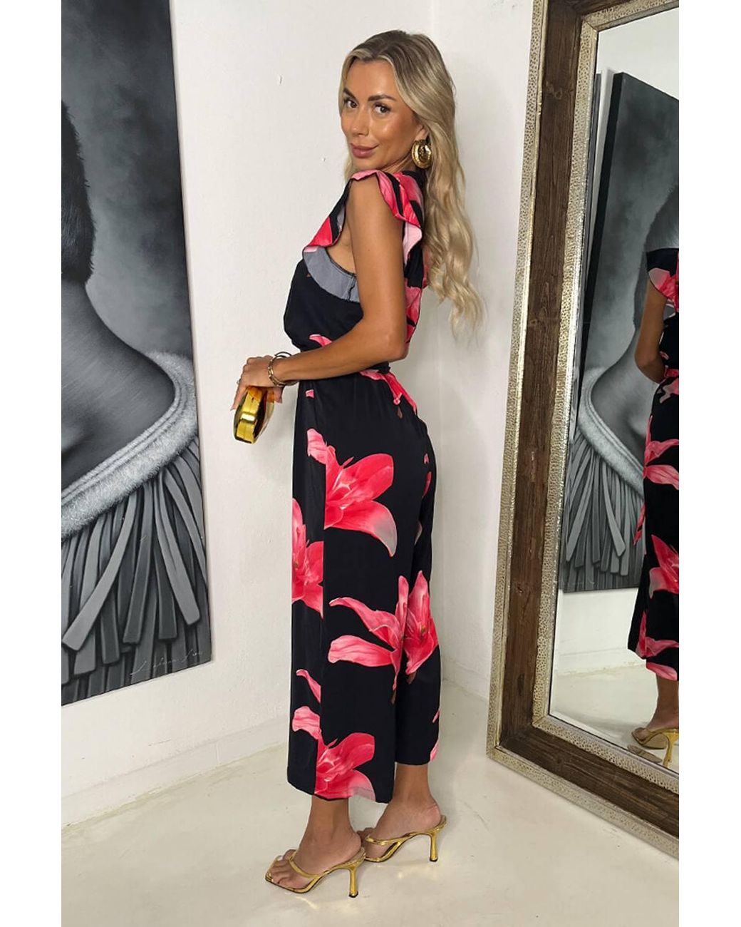 AX Paris Black Cerise Floral Print Wrap Top Belted Jumpsuit