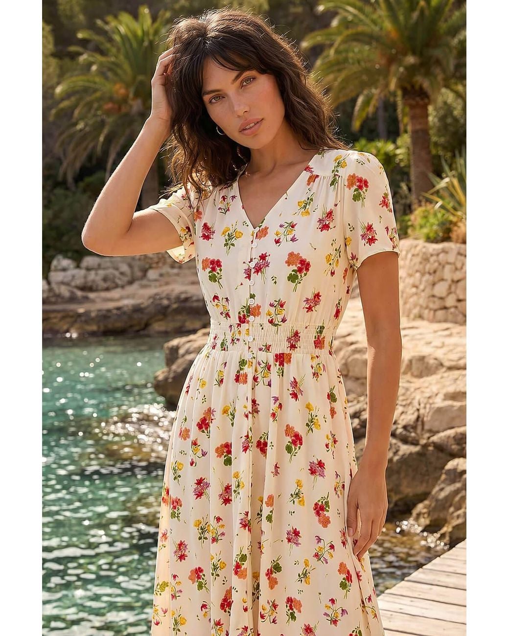 Roman White Floral Print Buttoned Midi Dress
