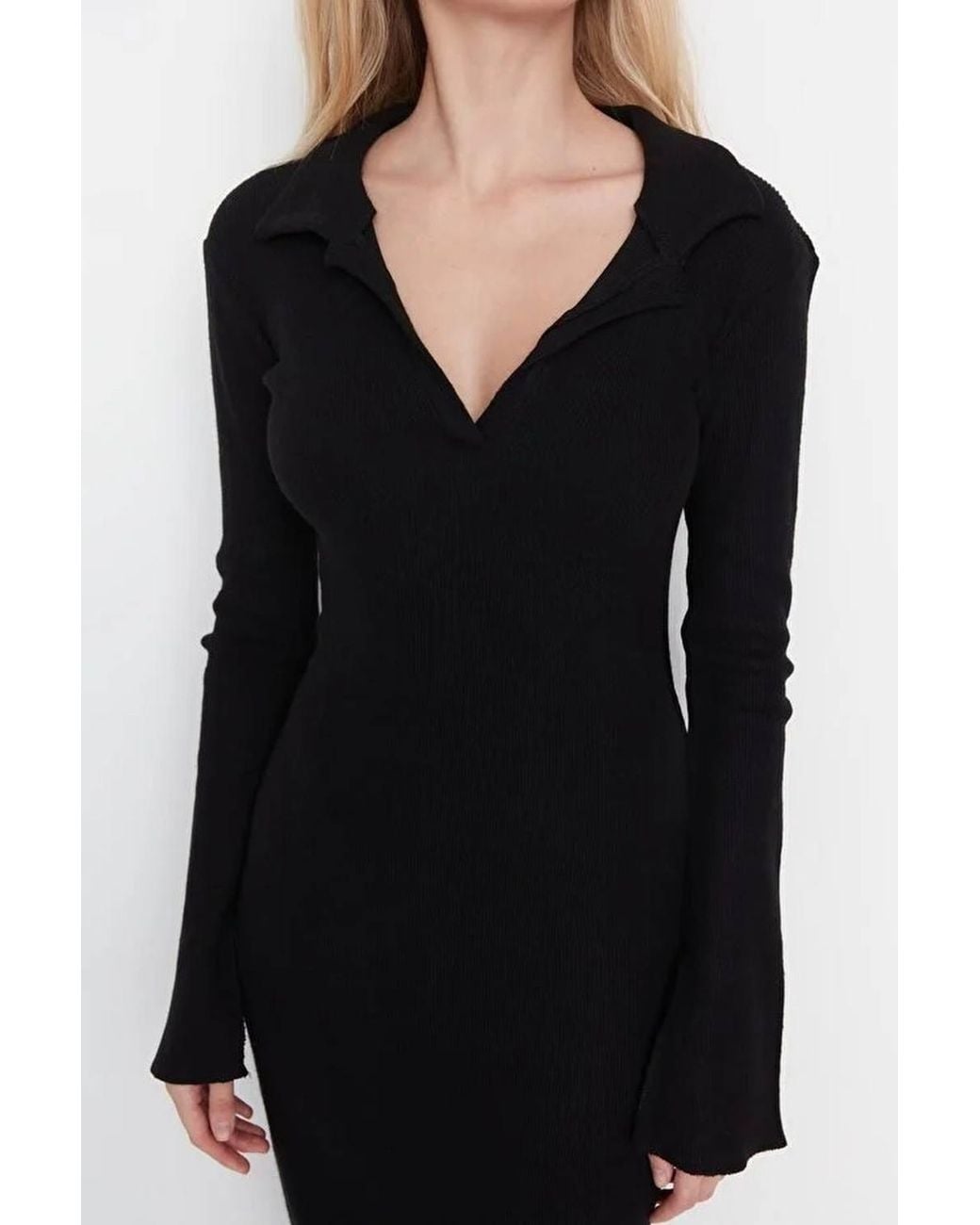 WOVCOR Blue Polo Collar Maxi Knit Pencil Dress