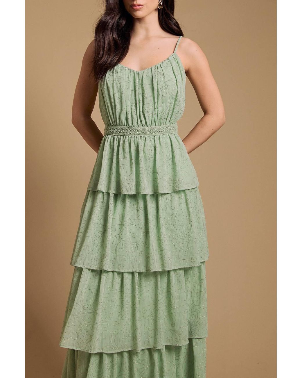 Oasis Green Strappy Tiered Frill Midaxi Dress