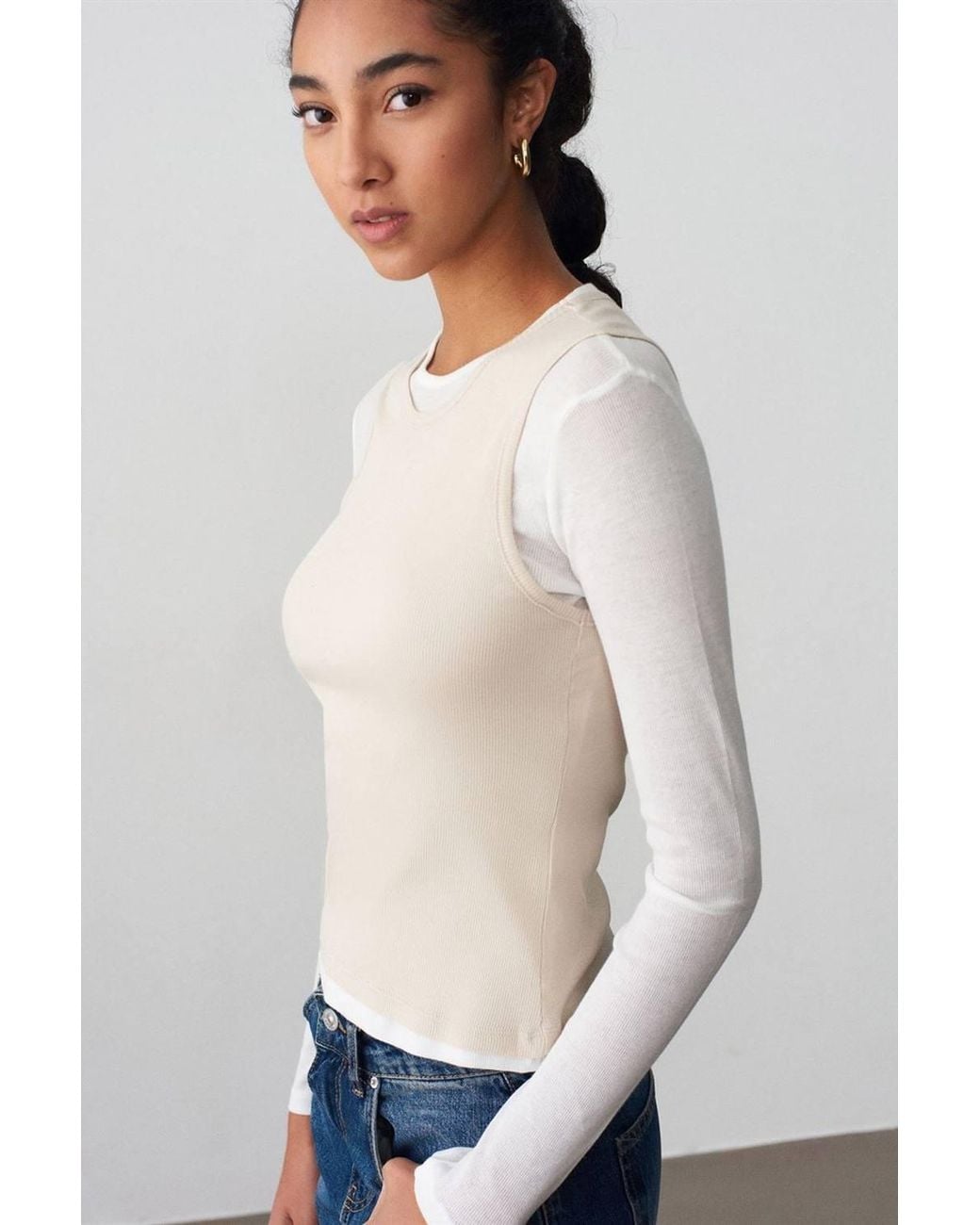Dilvin White Fitted Cotton Crew Neck Long Sleeve Blouse