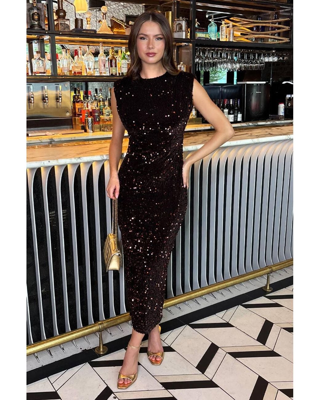 AX Paris Black Velvet Sequin Round Neck Midi Dress
