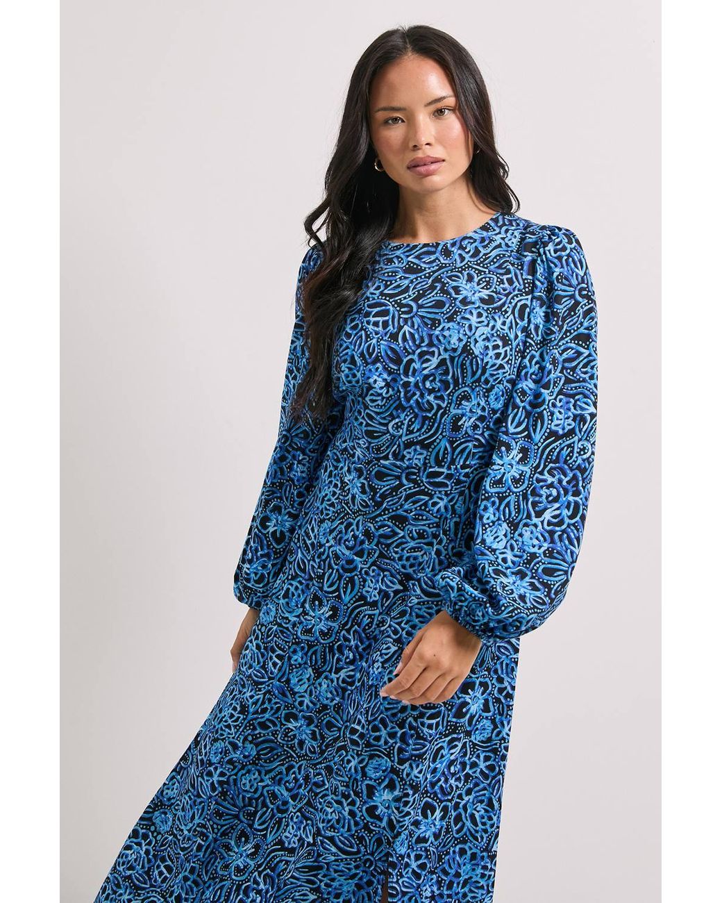 Dorothy Perkins Blue Empire Floral Seam Split Detail Printed Midi Dress