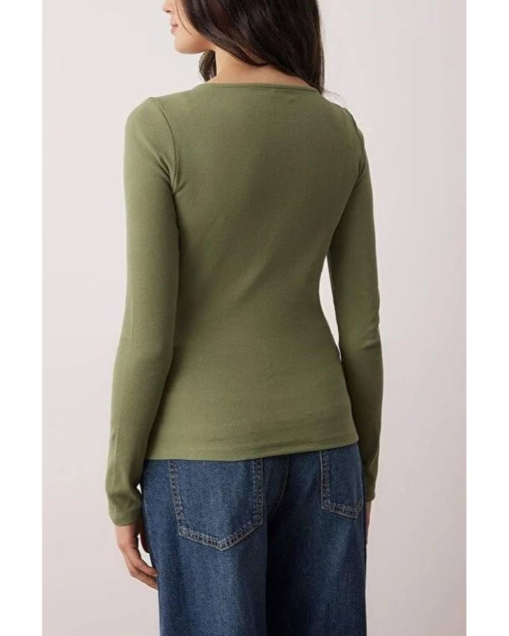 WOVCOR Green Button Detail Crew Neck Ribbed Stretch Knit Blouse