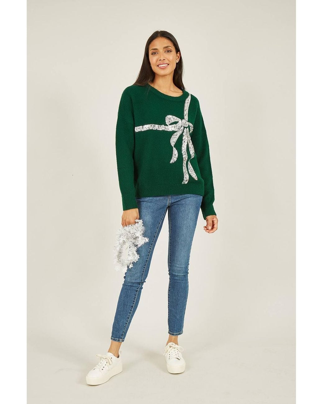 Yumi' Green Sequin Bow Knitted Jumper