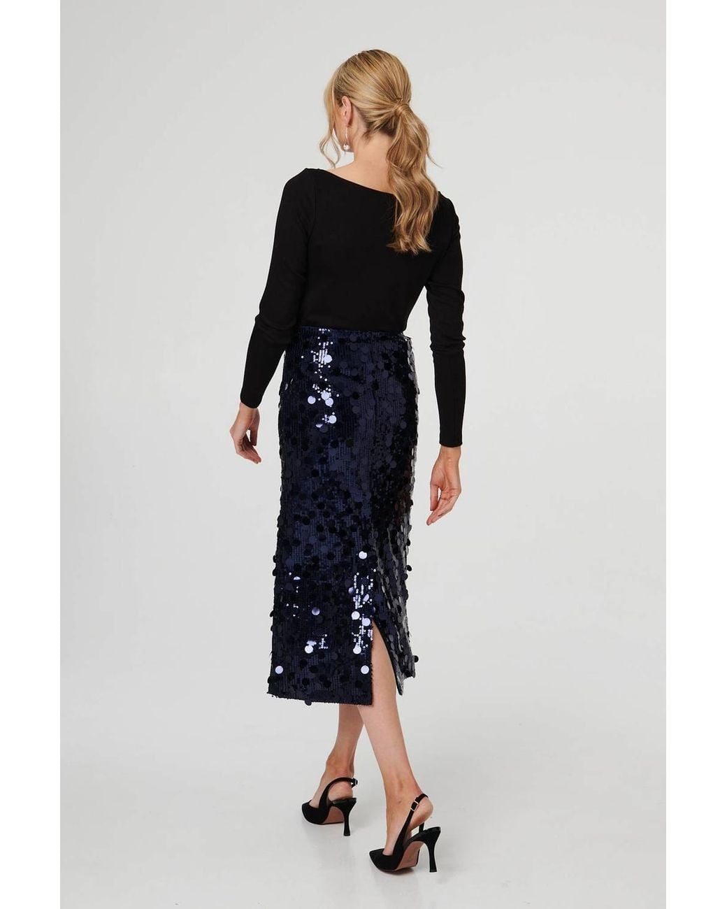 Izabel London Black Sequin Embellished Straight Midi Skirt