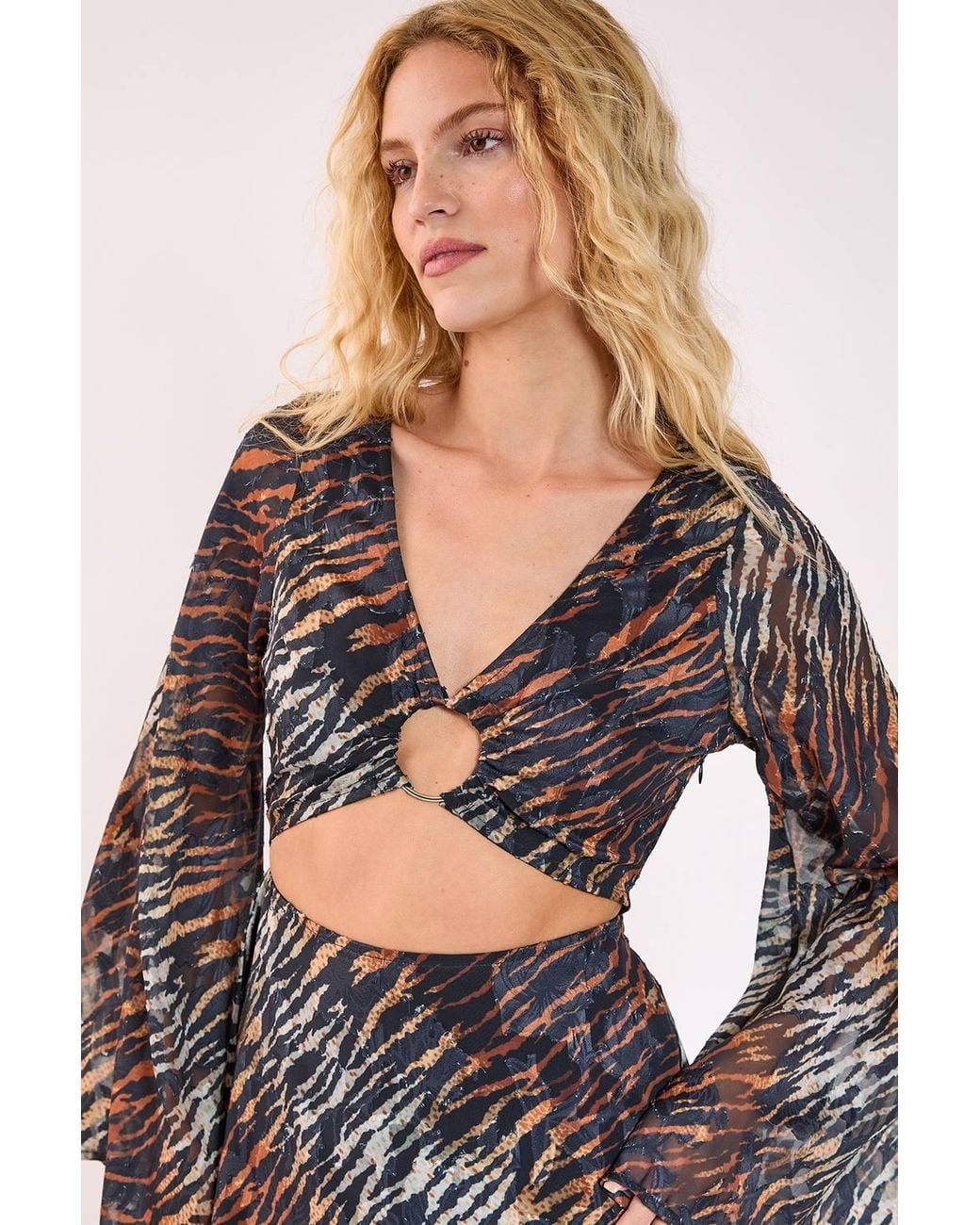 Nasty Gal Black Animal Burnout Ring Cut Out Flared Sleeve Mini Dress
