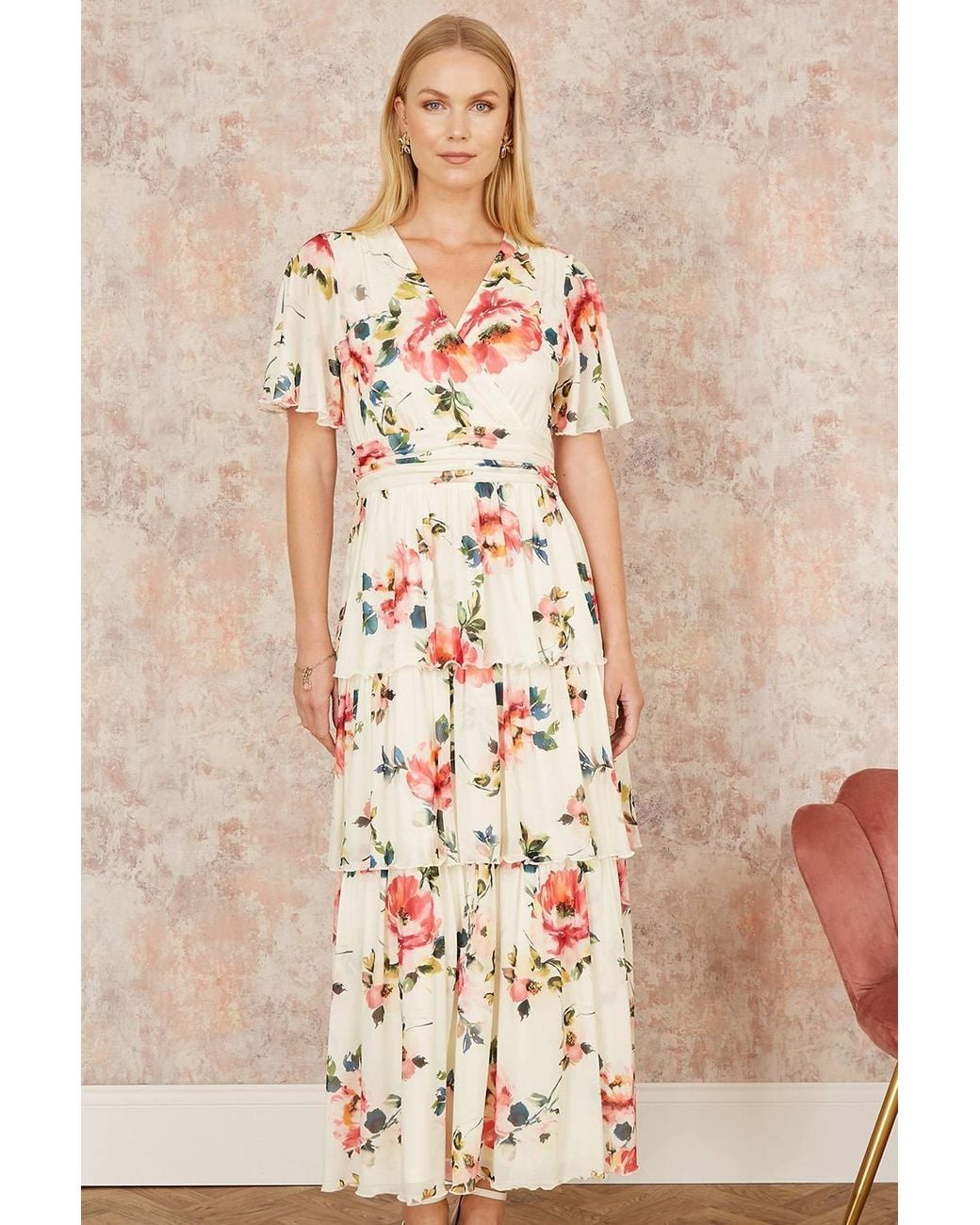 Yumi' Natural Floral Mesh Tiered Maxi Dress