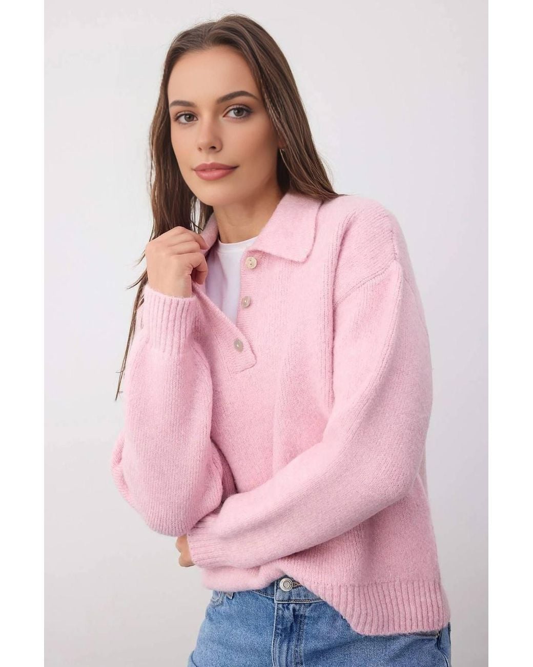 WOVCOR Pink Loose Fit Special Yarn Knit Sweater W/ Button Collar