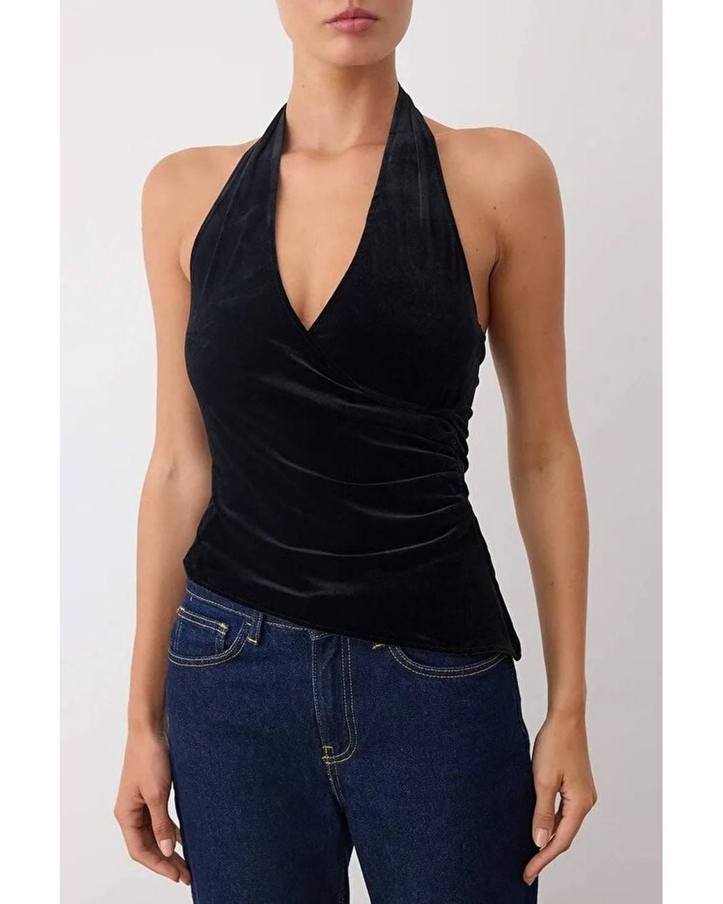 WOVCOR Blue Wrap Neck Halterneck Velvet Party Blouse