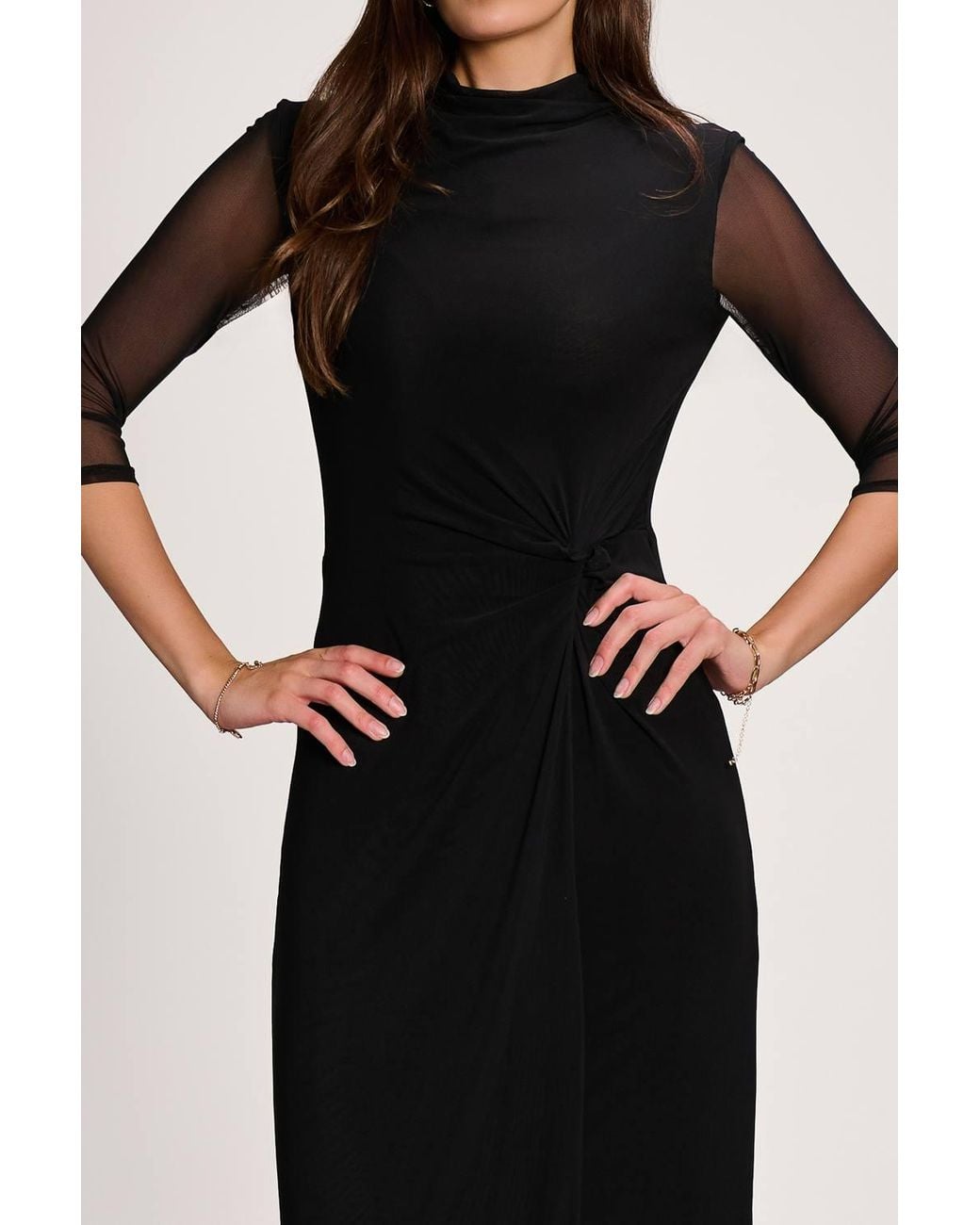 Jolie Moi Black High Neck 3/4 Sleeve Mesh Maxi Dress