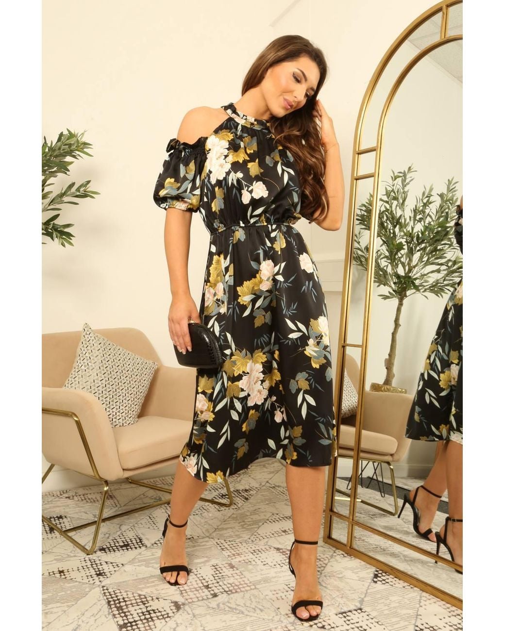 Double Second Metallic Printed Cold Shoulder Floral Dress