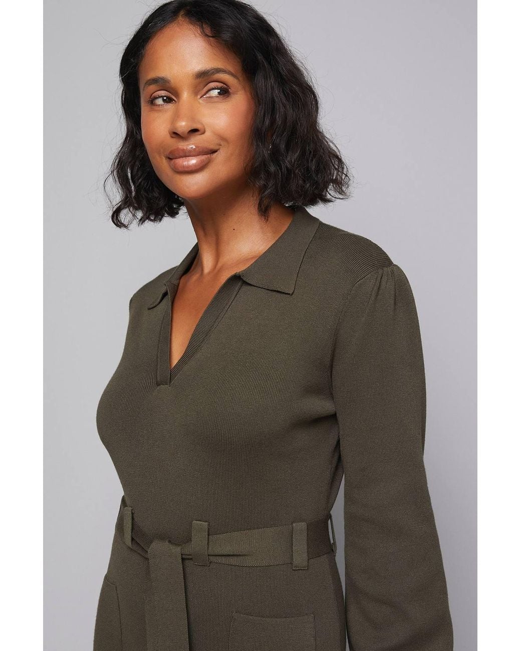 Wallis Green Collared Belted Midi Dress