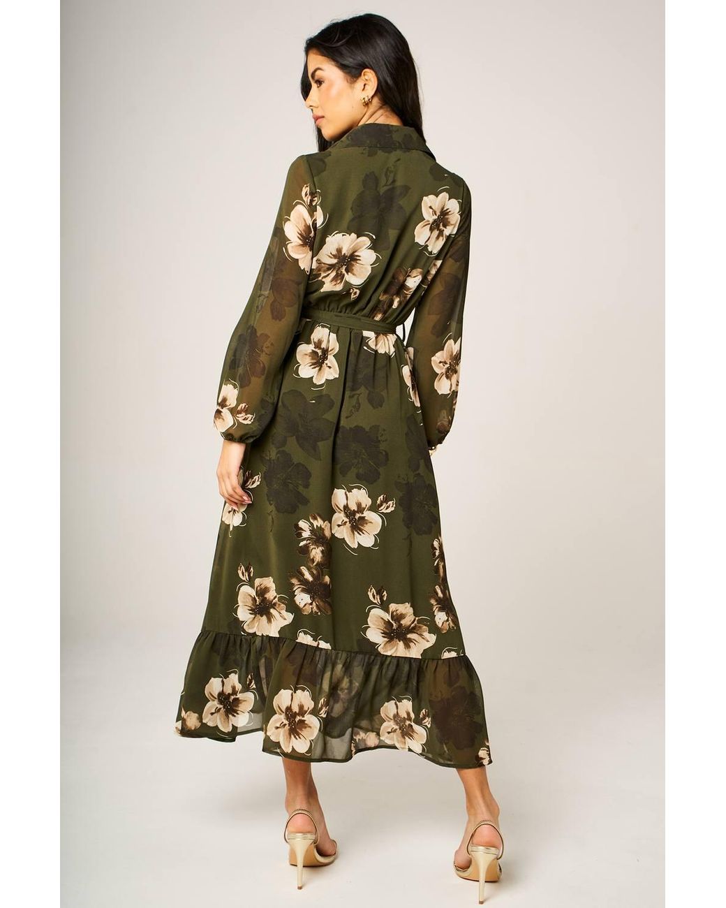 FS Collection Green Floral Print Hem Detail Long Sleeve Shirt Midi Dress