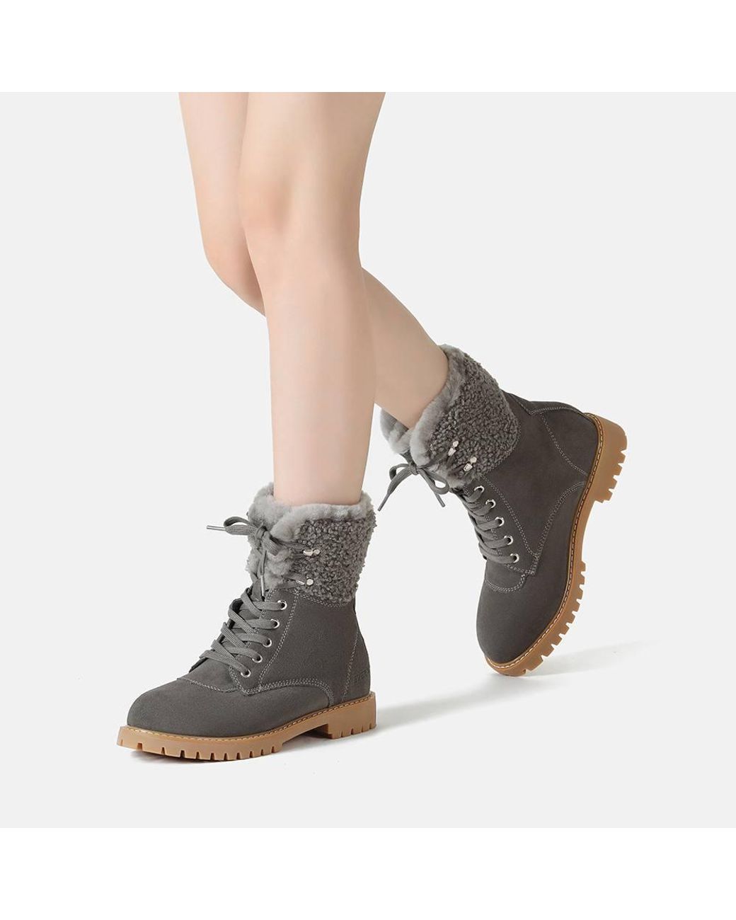 EverAu Australia Gray Sheepskin Knitted Wool Sittella Fashion Chunky Boots W/ Rubber Sole