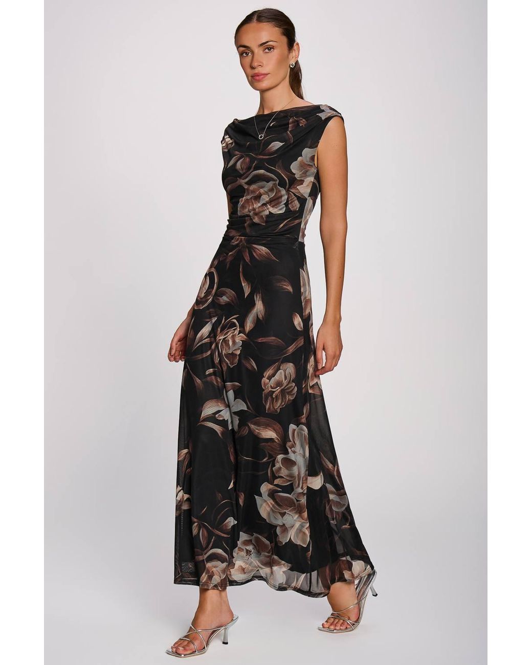 Jolie Moi Brown Multiway Neckline Mesh Maxi Dress
