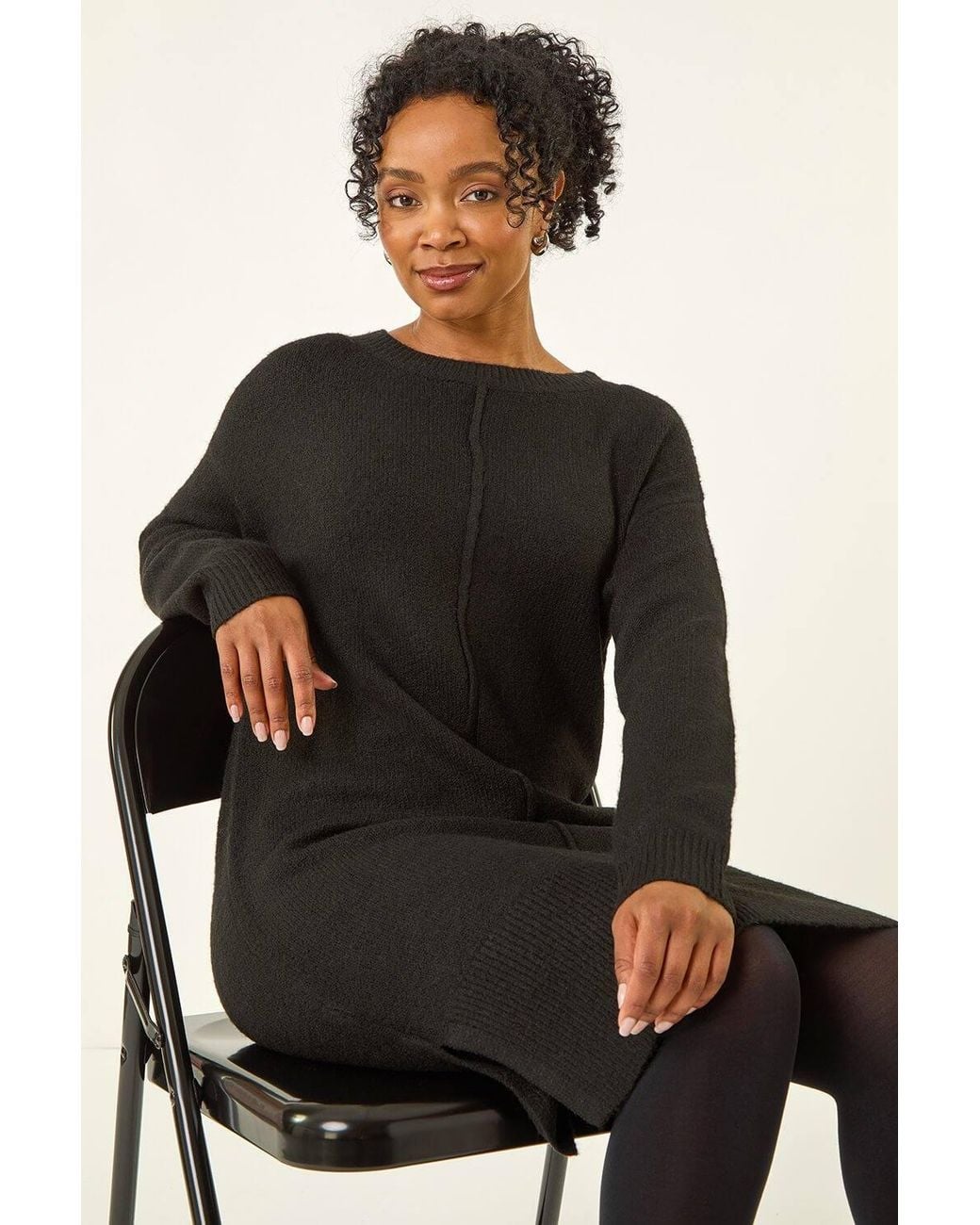 Roman Black Petite Knitted Pintuck Shift Dress