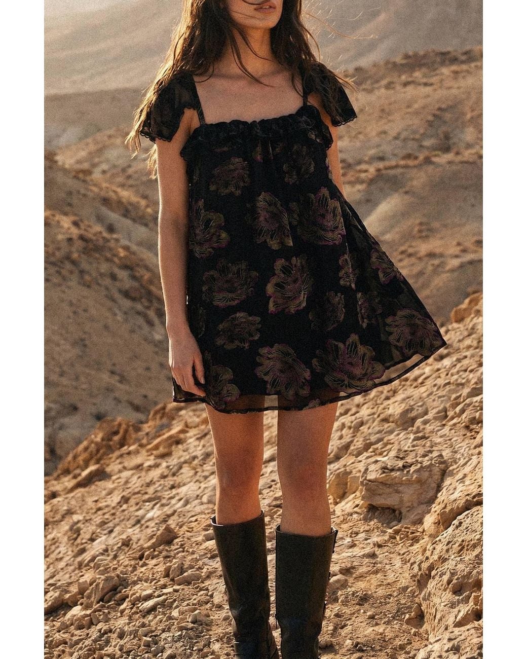Nasty Gal Brown Devore Floral Cap Sleeve Lace Trim Floaty Mini Dress