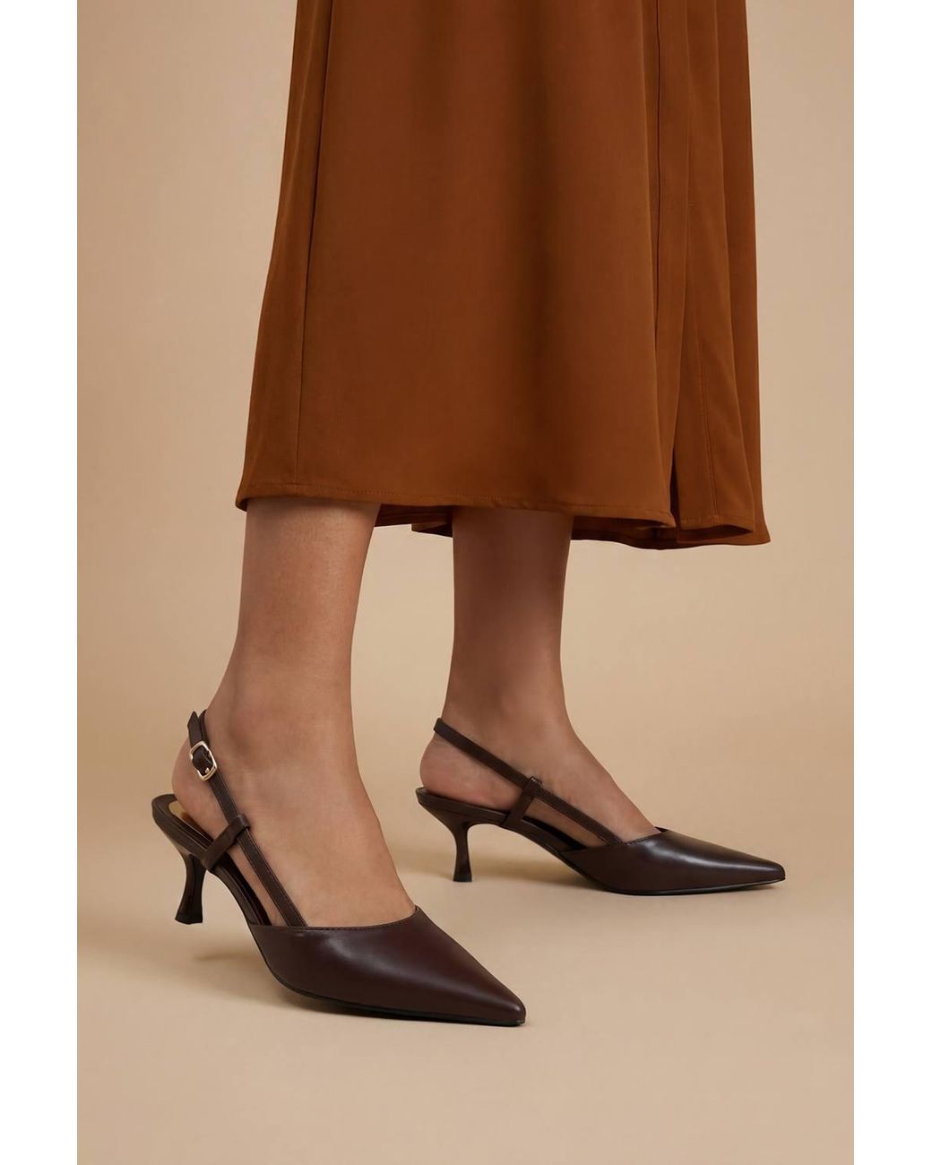 Dorothy Perkins Brown Luneth Kitten Heel Slingback Faux Leather Court Shoes