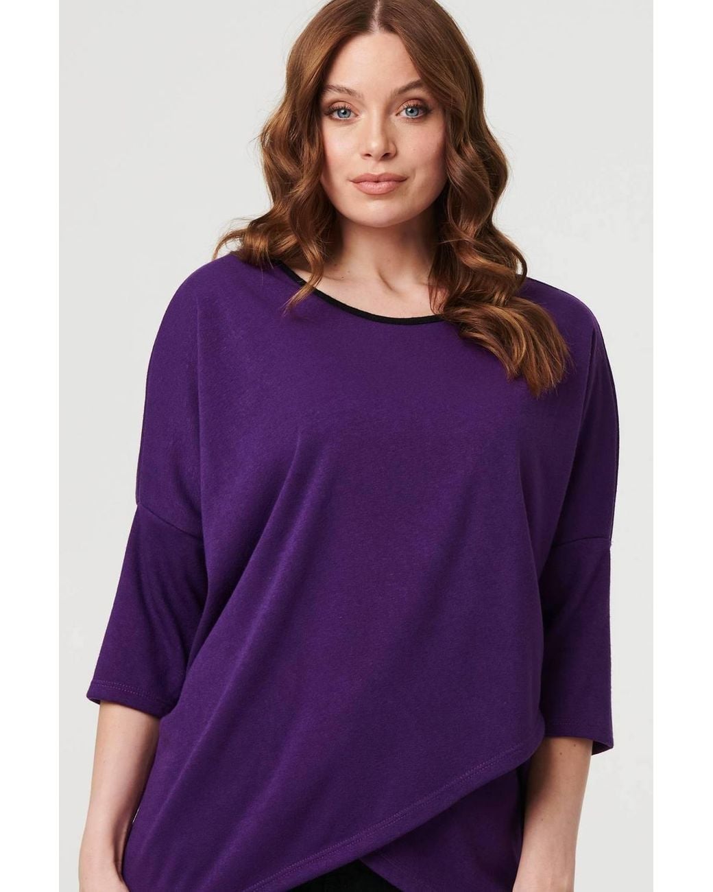 Izabel London Purple Asymmetric Zip Hem 3/4 Sleeve Tunic Top