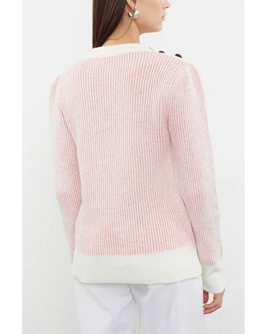 WOVCOR Pink Soft Textured Striped Knit Sweater W/ Button Detail