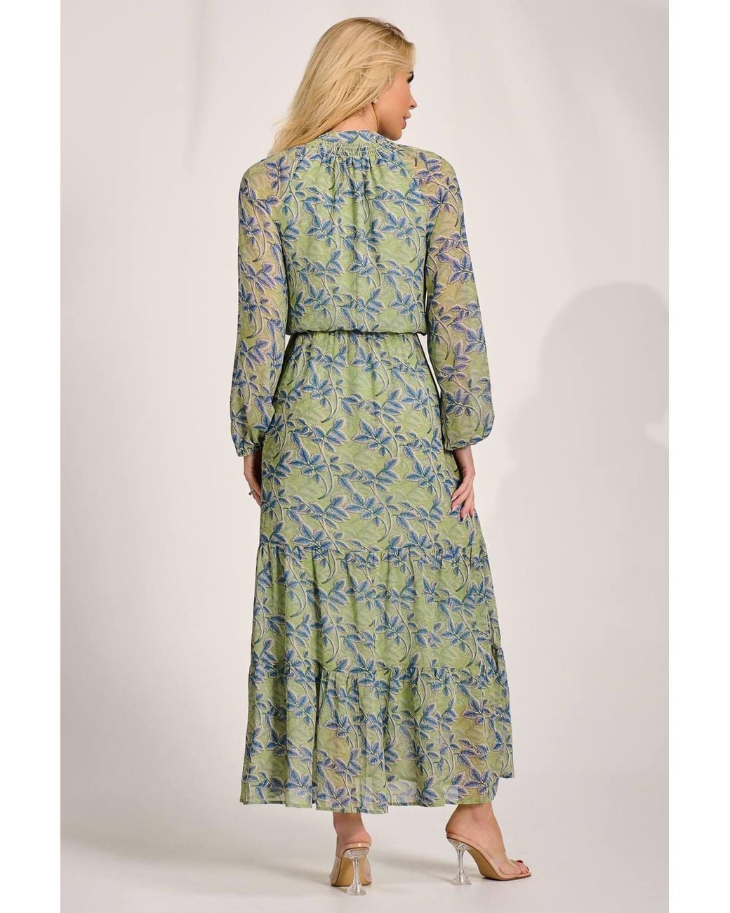 Jolie Moi Green Chiffon Long Sleeve Tiered Maxi Dress