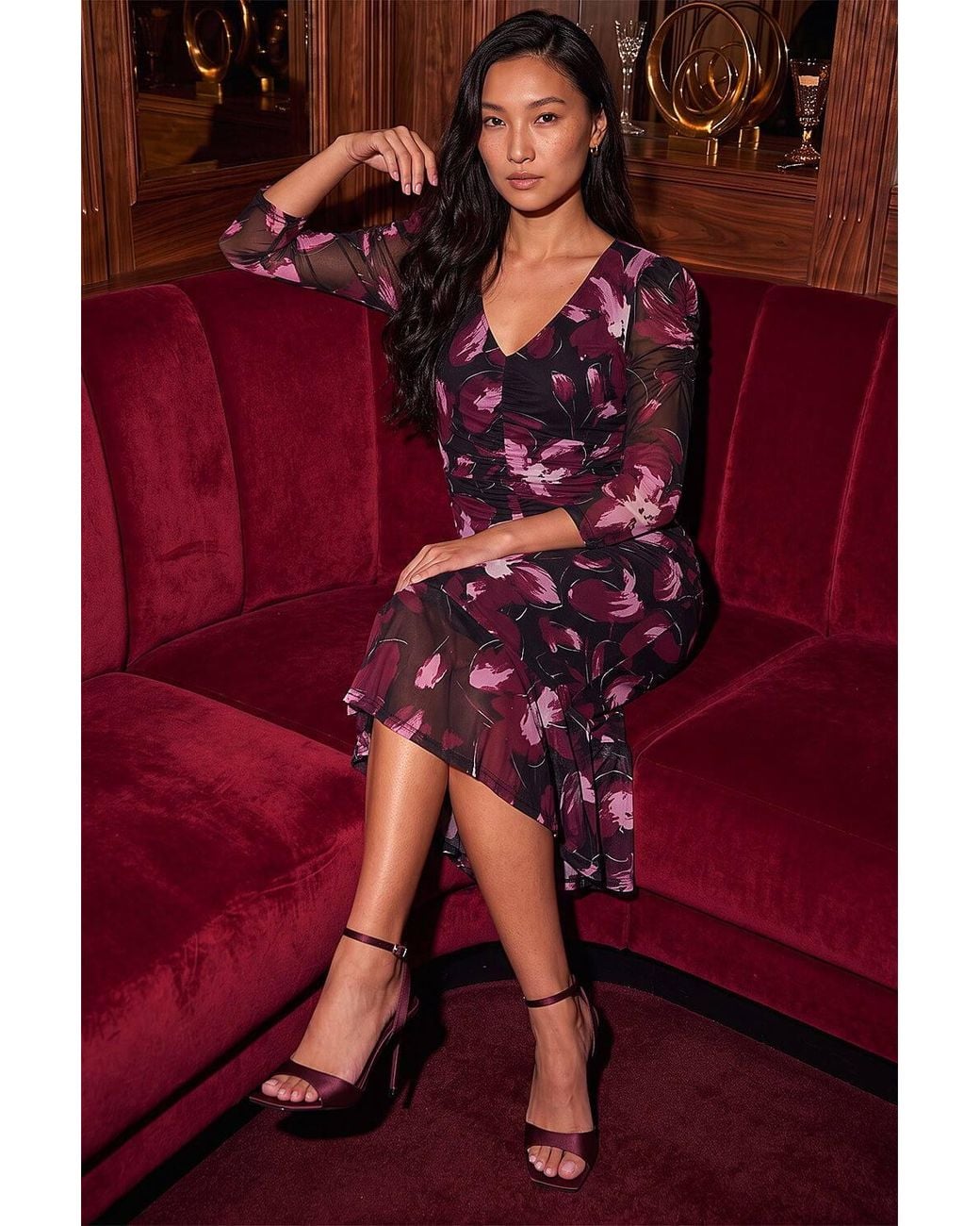 Roman Red Ruched Floral Frill Dress