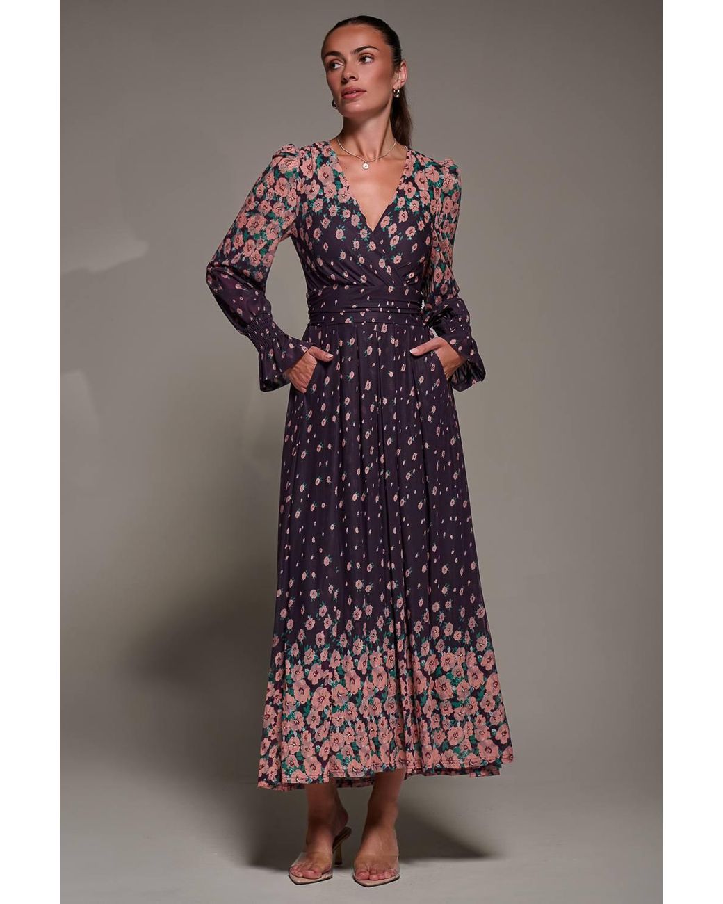 Jolie Moi Purple Mirrored Print Long Sleeve Mesh Maxi Dress