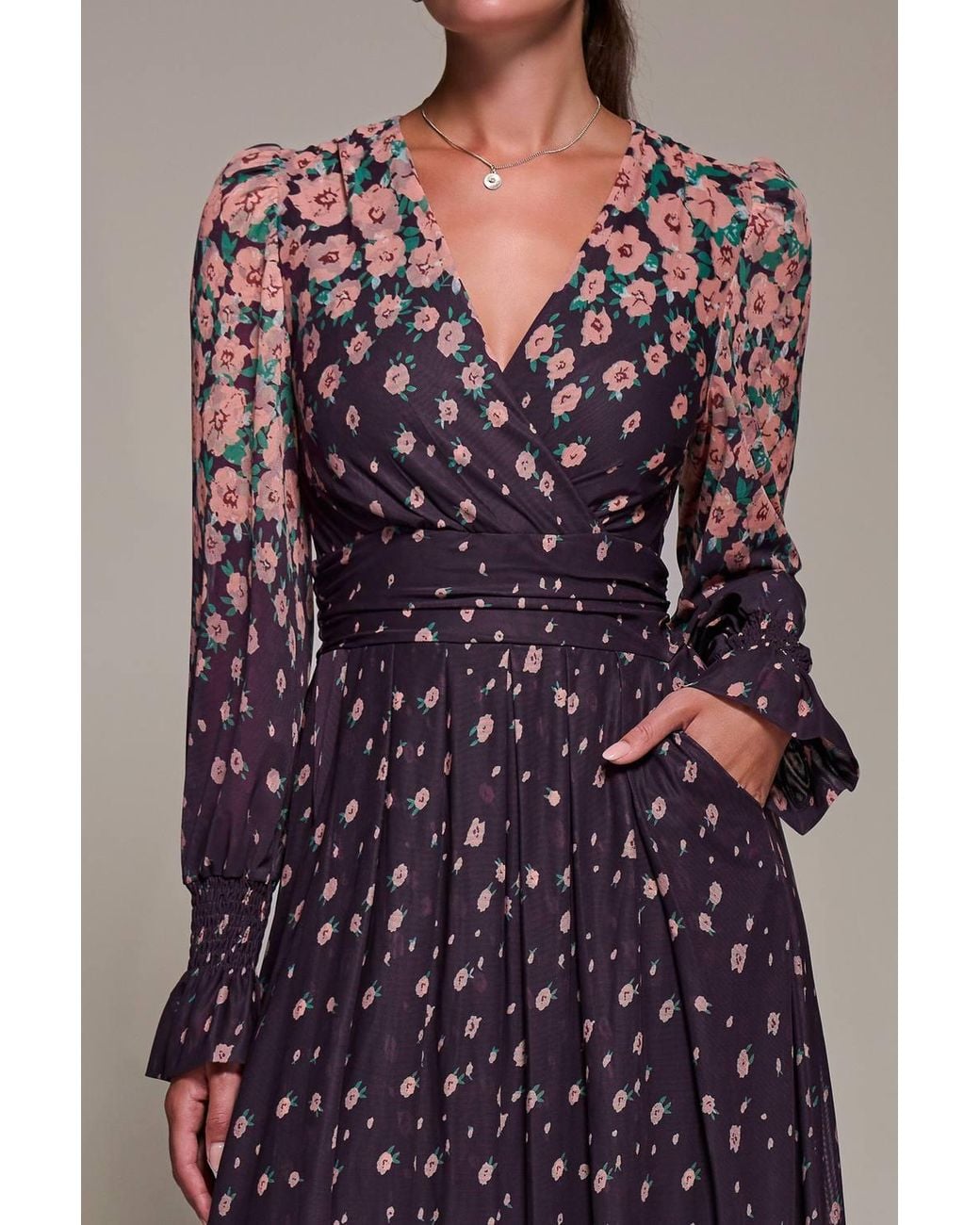 Jolie Moi Purple Mirrored Print Long Sleeve Mesh Maxi Dress