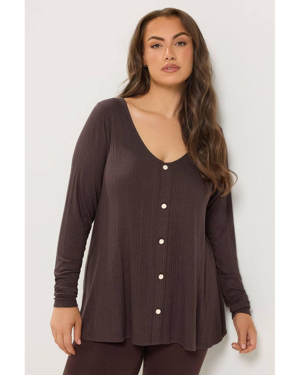 Yours Brown Ribbed Button Front Top