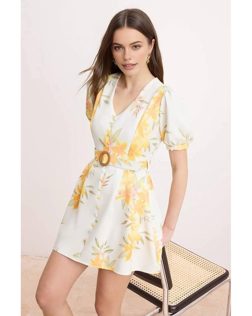 WOVCOR White Floral Belted Puff Sleeve Mini Wrap Dress