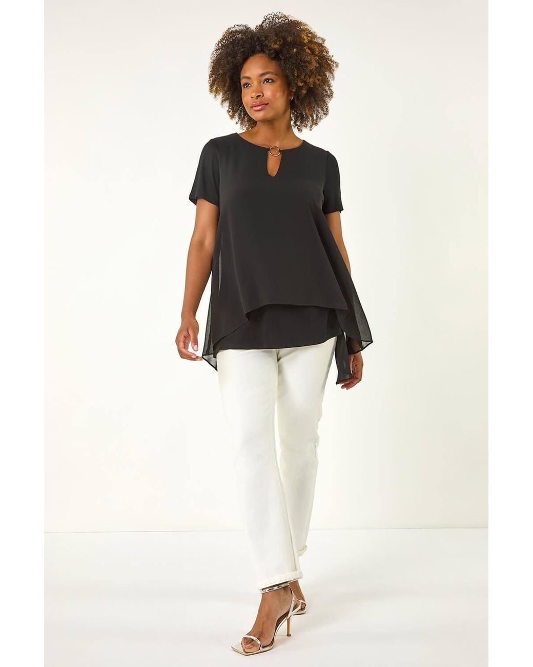 Roman Black Ring Front Chiffon Overlay Top