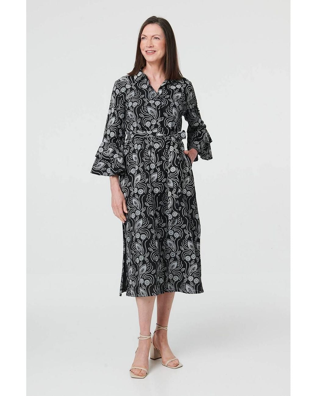 Izabel London Black Floral 3/4 Sleeve Tie Midi Shirt Dress