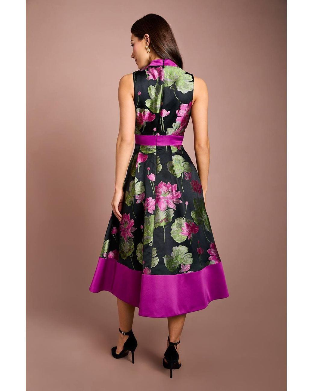Coast Pink Jacquard Sleeveless Midi Dress With Satin Waistband