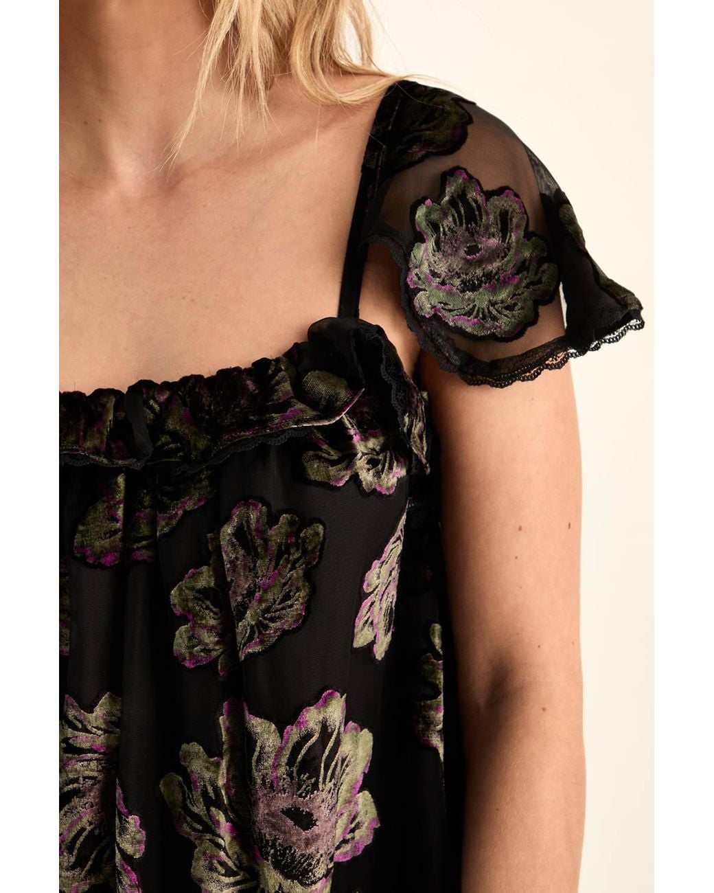 Nasty Gal Brown Devore Floral Cap Sleeve Lace Trim Floaty Mini Dress