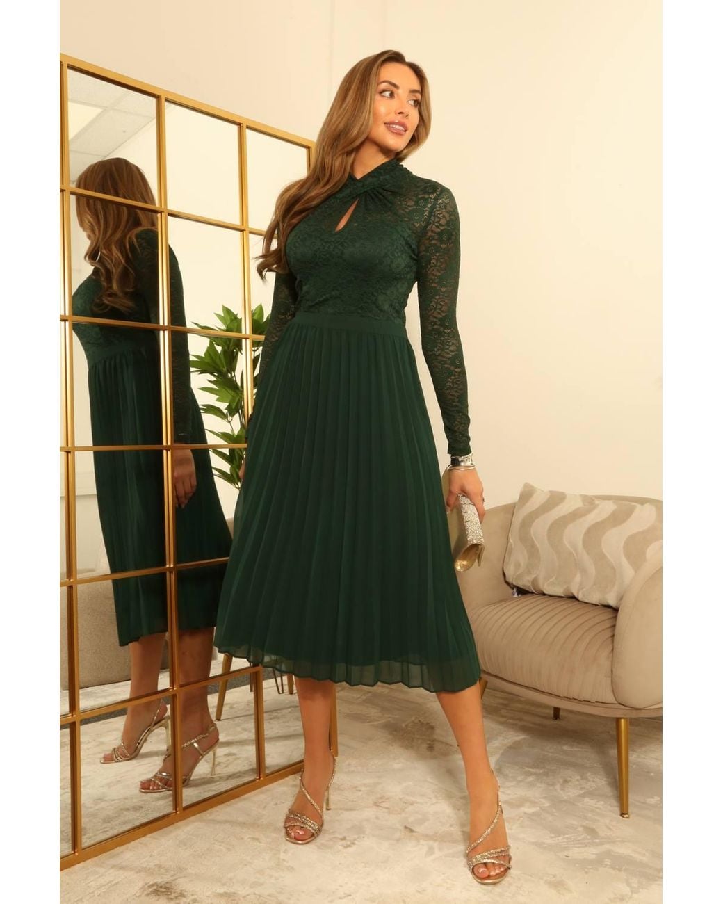 Double Second Green Long Sleeve Twist Lace Neck Midi Dress