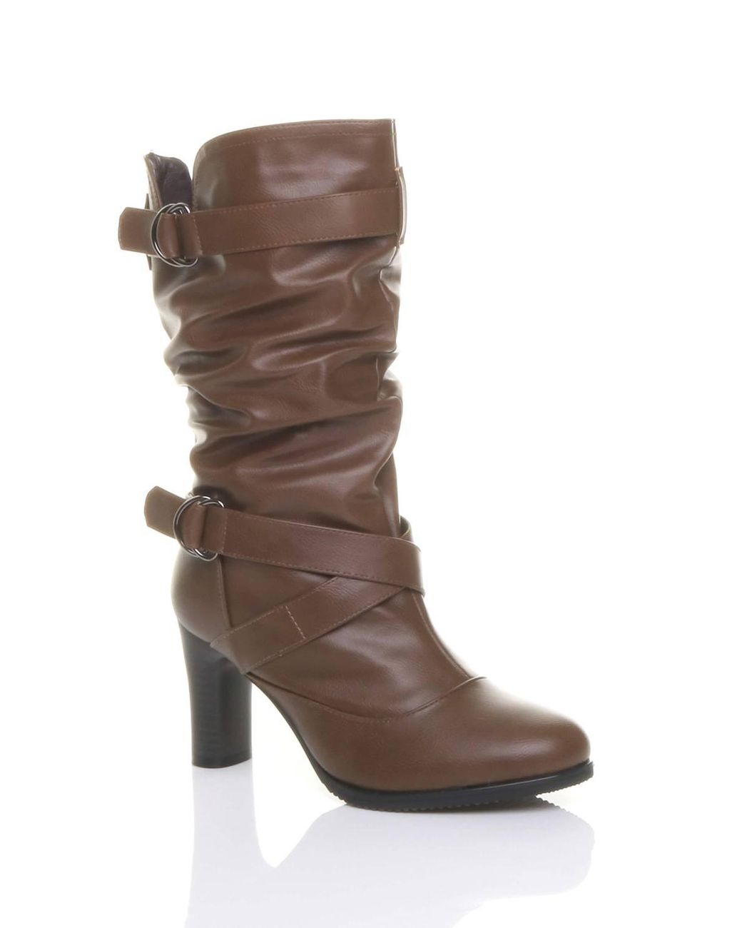 AJVANI Brown High Block Heel Ruched Calf Boots