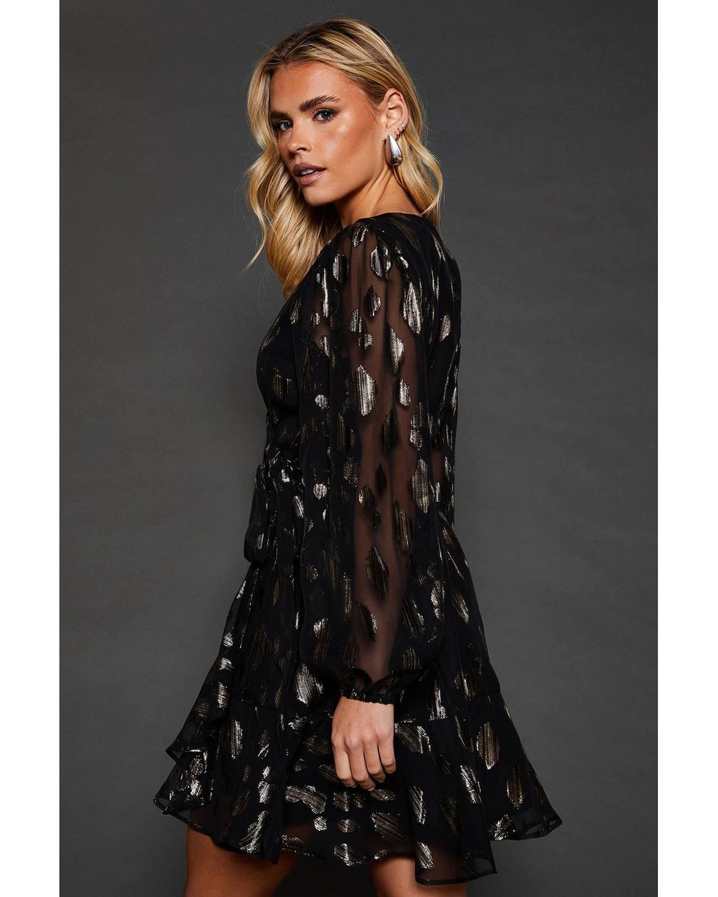 Dorothy Perkins Black Petite Jacquard Ruffle Long Sleeve Mini Dress