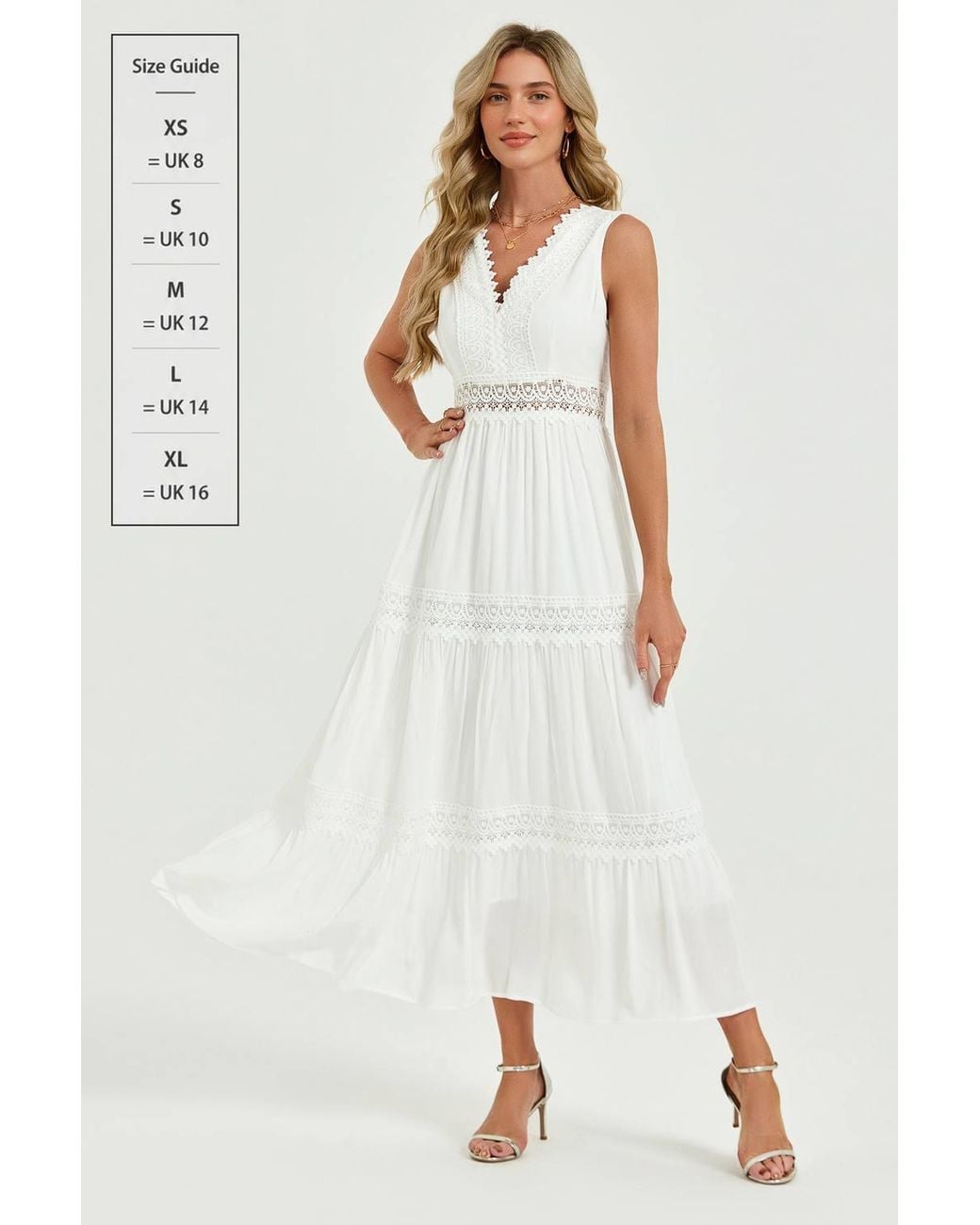 FS Collection White Lace Trim V-Neck Tiered Sleeveless Midi Dress