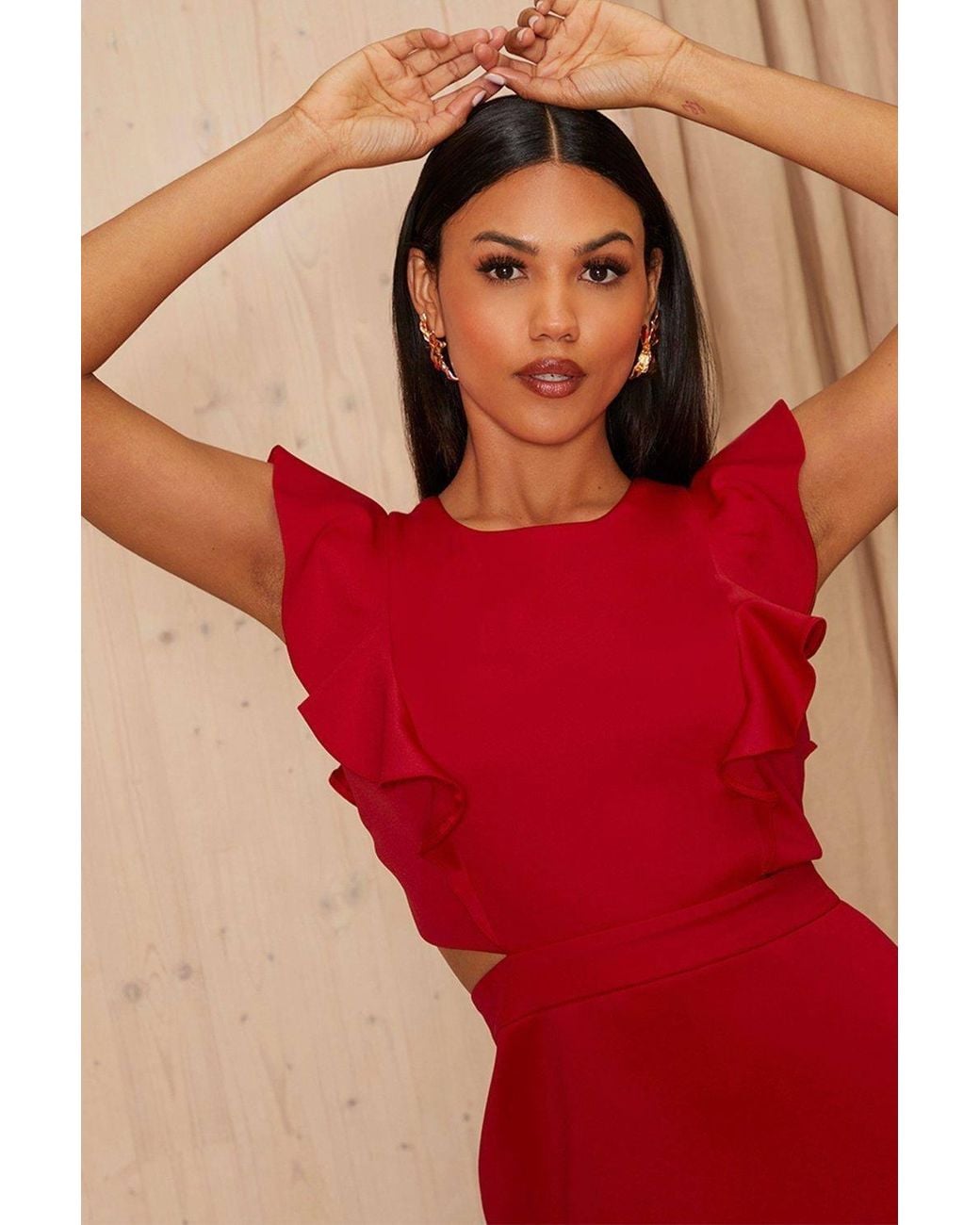 Chi Chi London Red Ruffle Sleeve Cut Out Back Maxi Dress